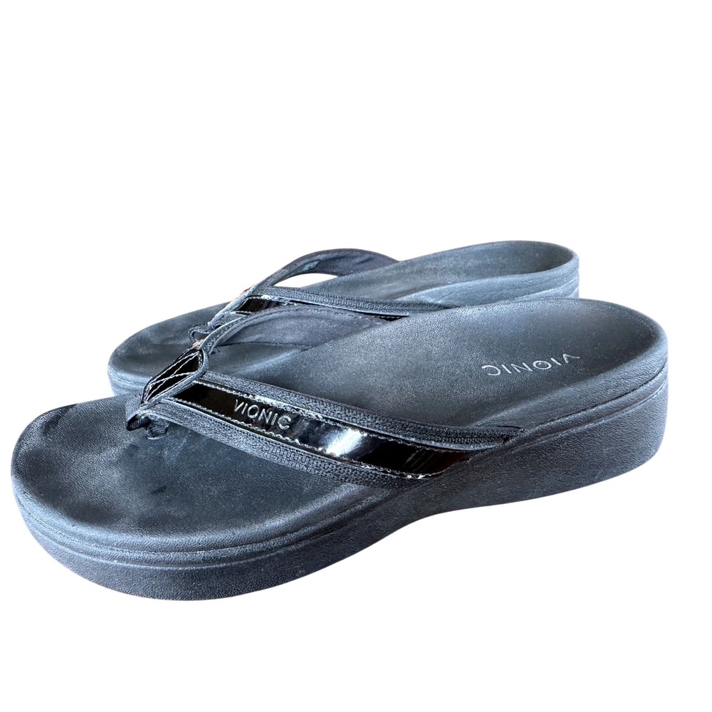 Vionic High Tide II Black Patent Platform Orthotic Sandals Womens 8 Flip Flops